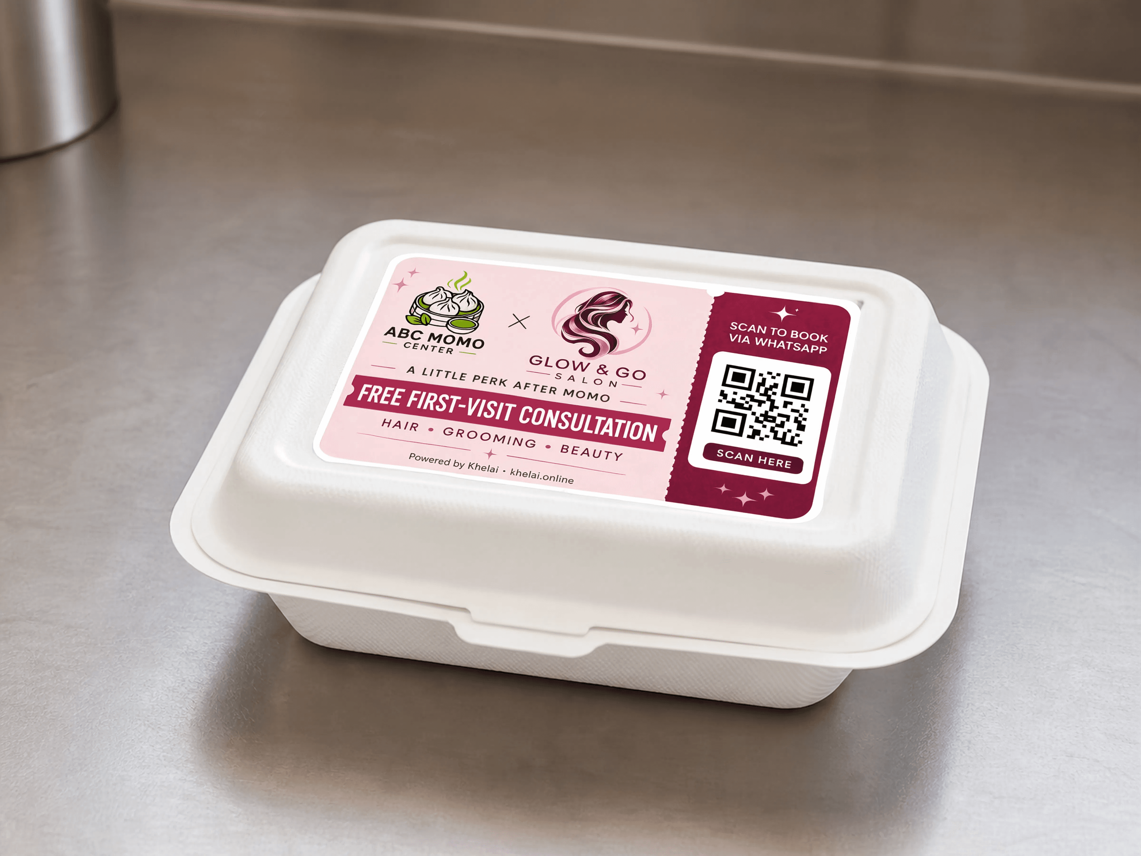 ABC Momo Center and Glow and Go offer sticker on a white polymer takeaway box